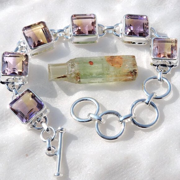 Ametrine Cut Natural Gemstone 925 Sterling Silver Bracelets, One of a Kind Gift - Picture 1 of 5